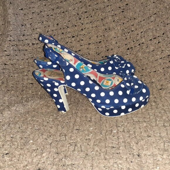 MISS L-FIRE-Suede-Navy/White Polka Dot Retro Style Slingback-Sz 8-Excellent - Picture 5 of 8